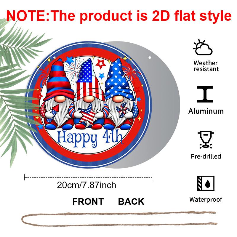 2D Flat, 1pc Round Aluminum "Happy 4th" Patriotic Gnome Sign, 4th of July American Flag Gnomes Metal Plaque, Cute Firework Design, Perfect for