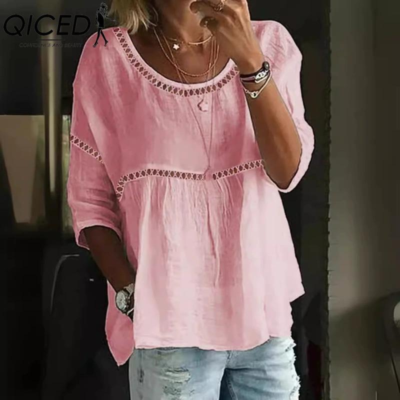 QICED Women's Fashion Casual Solid Color Print Short Sleeve O Neck Blouses & Shirts