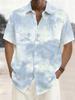 Men's Casual Anime Shirt with Blue and White Ink Wash Hawaiian Pattern, Regular Fit with Lapel Collar, Outdoor Travel Apparel