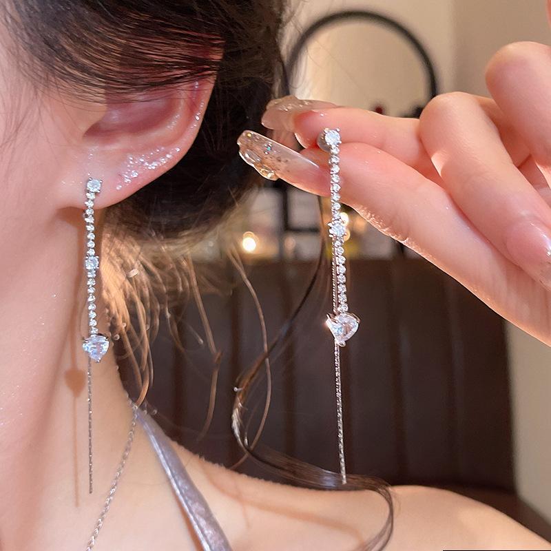 Light Luxury Zircon Heart Drop Earrings for Women Girls New Versatile Long Tassel Dangle Earrings Wedding Jewelry Accessories