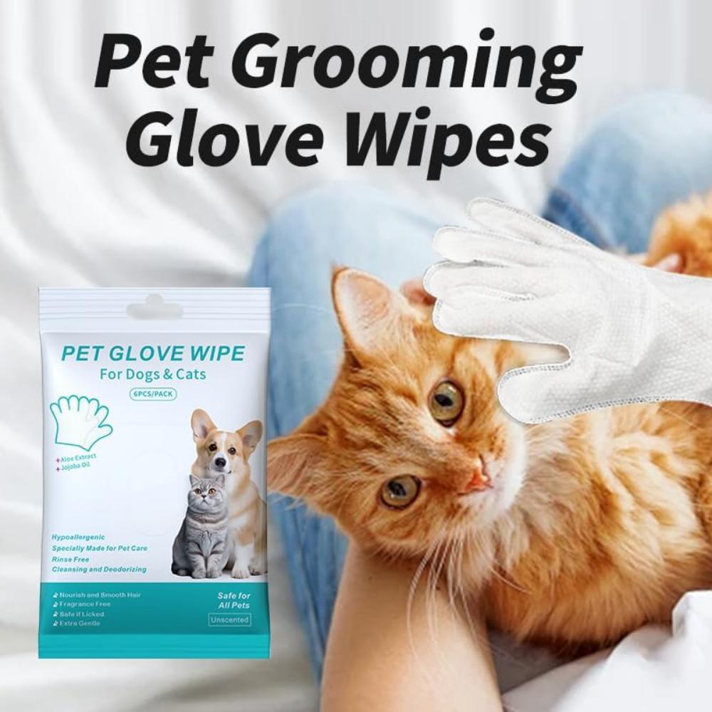 Pet Glove Wipes – 6 PCS Cleaning Gloves for Dogs & Cats, Grooming Wipes for Fur, Face, Ears, Eyes, and Paws, No-Rinse