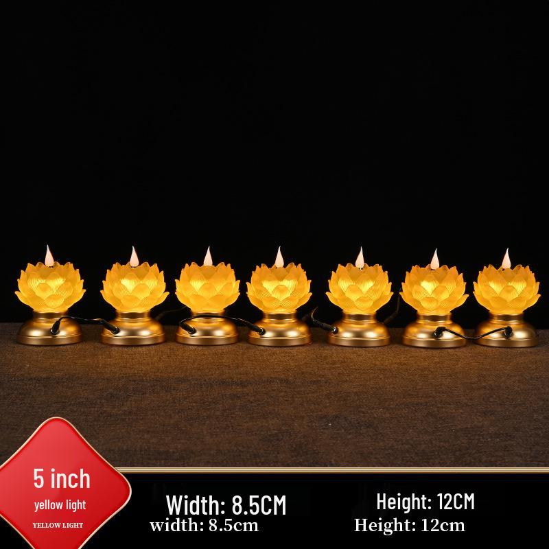 Amber Lotus Flame LED Buddha Offering Lamp - Dual Use: Battery/Plug-in with Floating Candle Holder