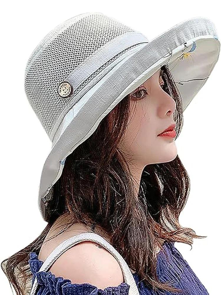 Summer Mesh Sun Hats for Women UV Protection Wide Brim Packable Beach Bucket Hat