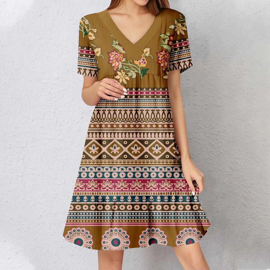 Womens Summer Dress Short Sleeve V Neck Short Dresses Fashion Casual Flowy Boho Ruffle A Line Swing Sundress