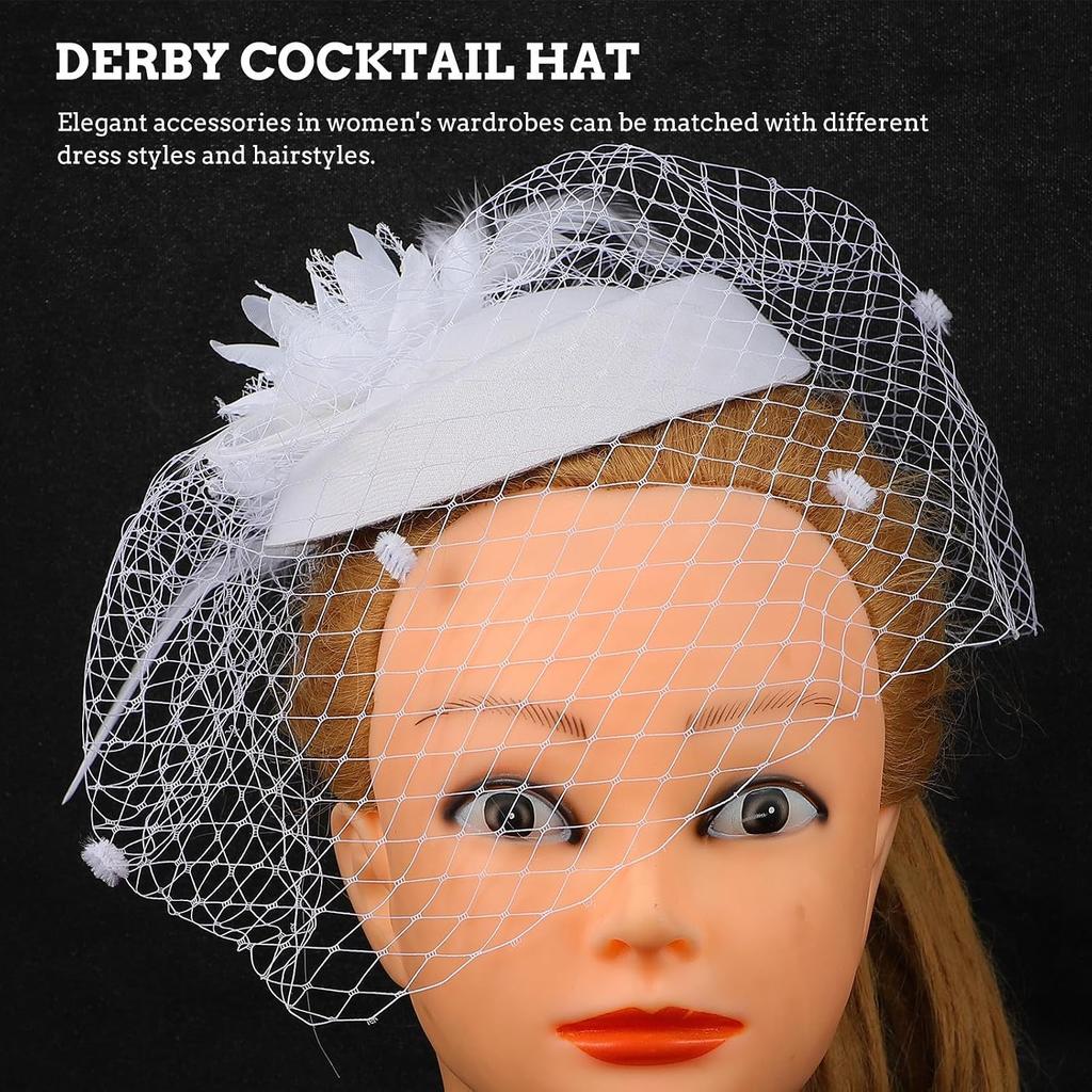 Lurrose Vintage White Plume Flower Pillbox Hat with Veil, Wedding Fascinator Headwear for Women, Cocktail Party and Special Occasion Accessory