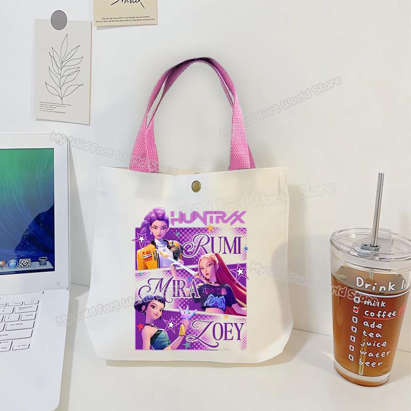Perfect KPop Demon Hunters Women Canvas Handbag Rumi Mira Zoey Girl Tote Bags Portable Female Phone Pouch Cute Cartoon Shopping Bag