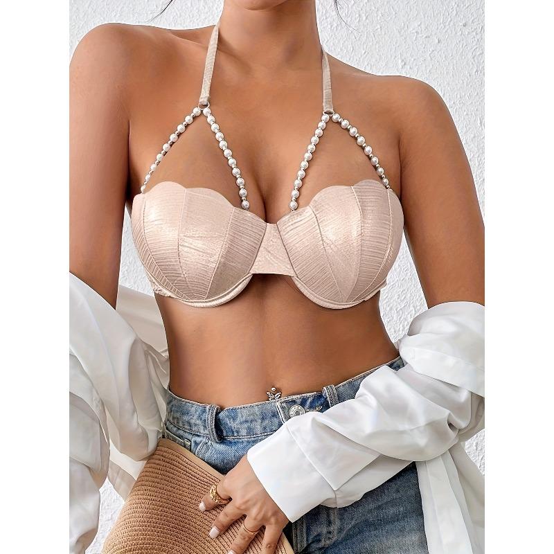 Sexy Petal Bikini Swimsuit Solid Color Petal Cup Pearl Chain Steel Band Bikini Top