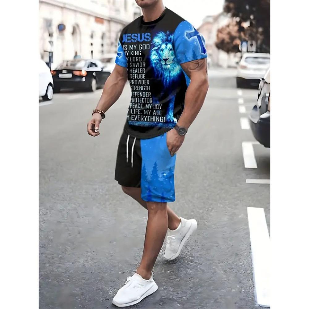 Summer Fashion Animal Print Suit Black and White Tiger 3D Pattern Outdoor Street Shooting Sportswear Men's Casual T Shirts 2 Piece Set