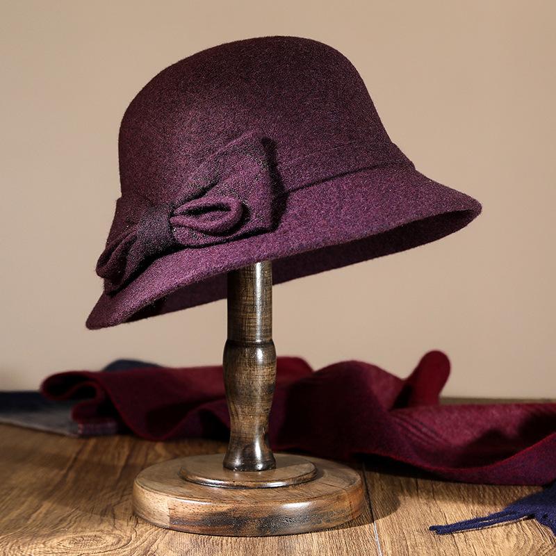 Autumn and winter mother hat mature women's wool woolen bow fashion top hat retro dome thermos hat