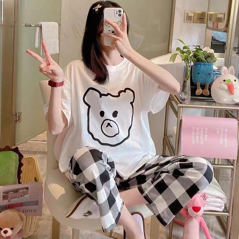 Pajamas women's short-sleeved trousers summer cartoon cute 2 new cartoon spring and summer loungewear suit can be worn outside