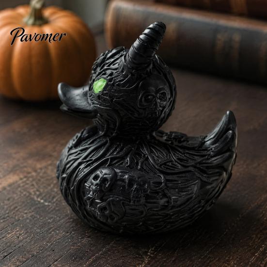 Matte Black Resin Ornament Gothic Devil Skull Duck Ornament, Figurine, Cool Punk Style Figurines Horror Green Eyes Decor for Halloween Party