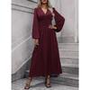 Women Lantern Sleeve Smocked High Split V Neck A Line Long Dress
