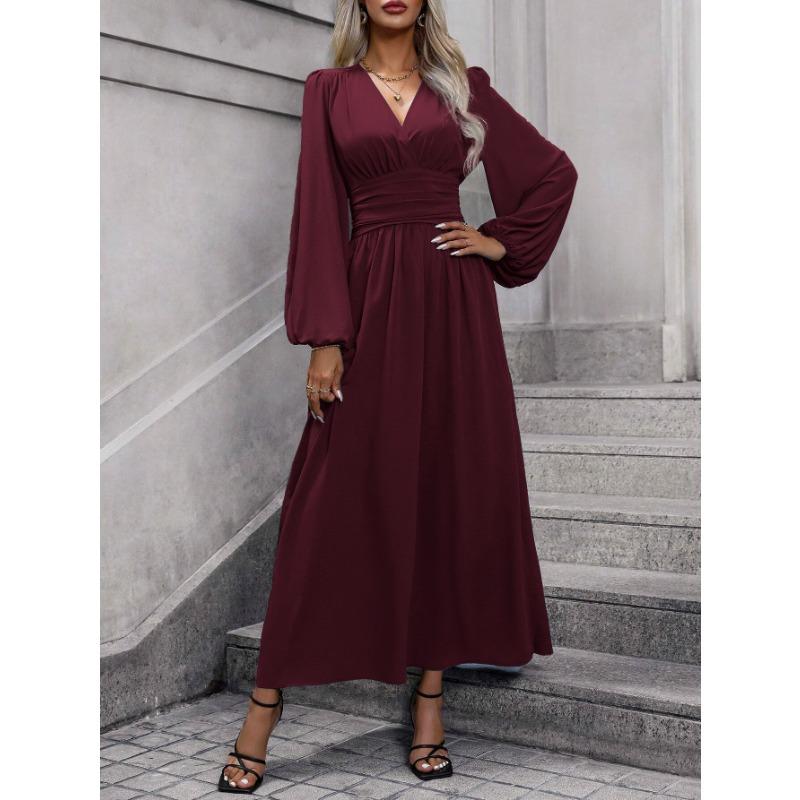 Women Lantern Sleeve Smocked High Split V Neck A Line Long Dress