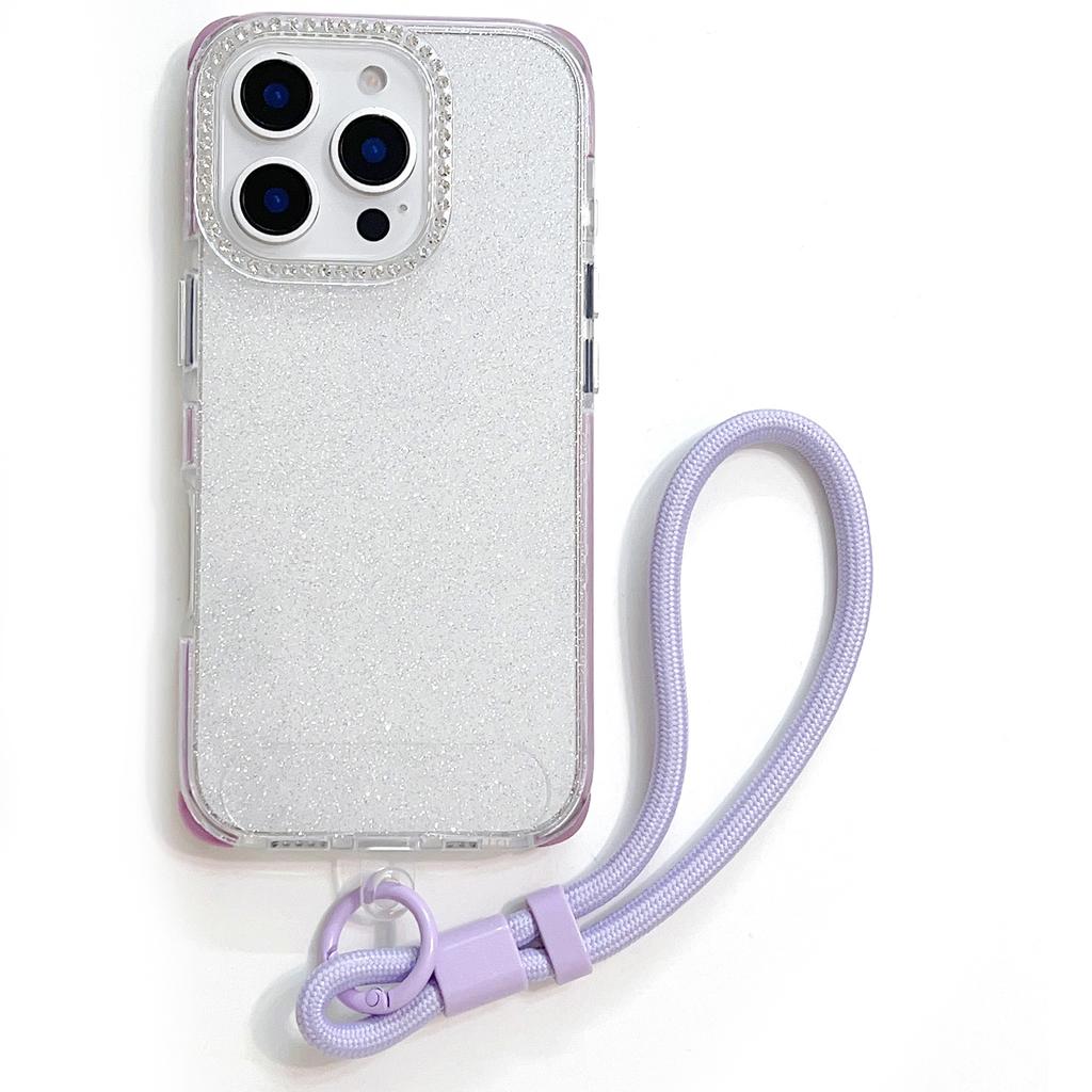 Pro iPhone 16 Pro Max Pouzdro Kamínková Dekorace Třpytivé TPU Ochrana proti Pádu Kryt na Telefon s Nastavitelným Poutkem na Zápěstí