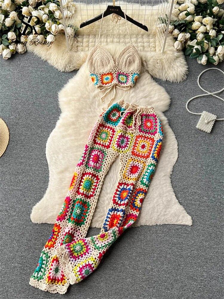 

Вязаные пляжные костюмы из двух предметов, женские мини-майки на бретелях + длинные брюки с эластичной резинкой на талии, уличная одежда, повседневные комплекты с вырезами One Size абрикосовый