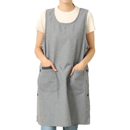 Nishiki Women's Side Button Apron (Available in Sizes M/LL), Cotton Polyester, Wrinkle-Resistant, Long Length, with Pockets (Black Stripe: B/LL/ka2202