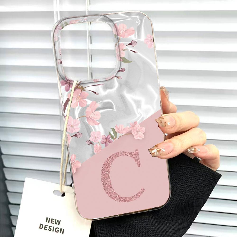 A Z Pink Letter Peach Flower Shockproof Phone Case For Samsung Galaxy A07 A17 A06 A16 A26 A36 A56 A12 A22 Shell Couple Cover