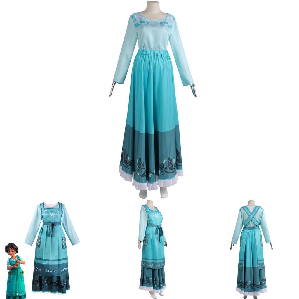 Encanto Julieta Madrigal Cosplay Kleid Kostüm Für Frauen Blumendruck Rundhalsausschnitt Kurzarm Midi Kleid Komplettanzug Outfit