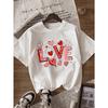 Fashion Women T Shirt White Front Print Love Hearts Pattern And Text Comfortable for Casual Wear And Valentine's Day