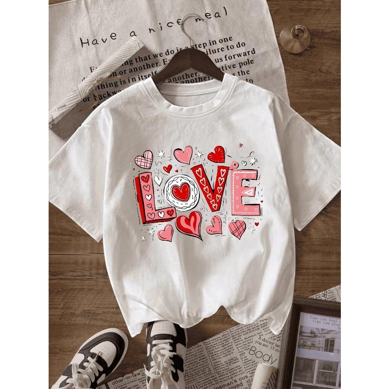 Fashion Women T Shirt White Front Print Love Hearts Pattern And Text Comfortable for Casual Wear And Valentine's Day