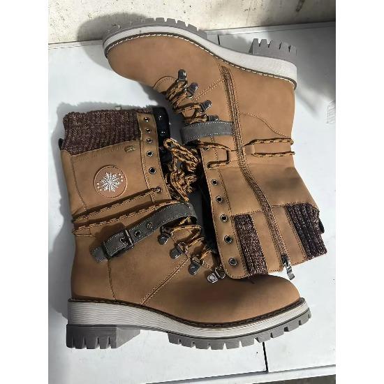 New Round Toe Mid-Calf Thin Bottom Thick Heel Knight Boots Women's Crossbelt Leather Boot Street Style Winter Rubber Sole