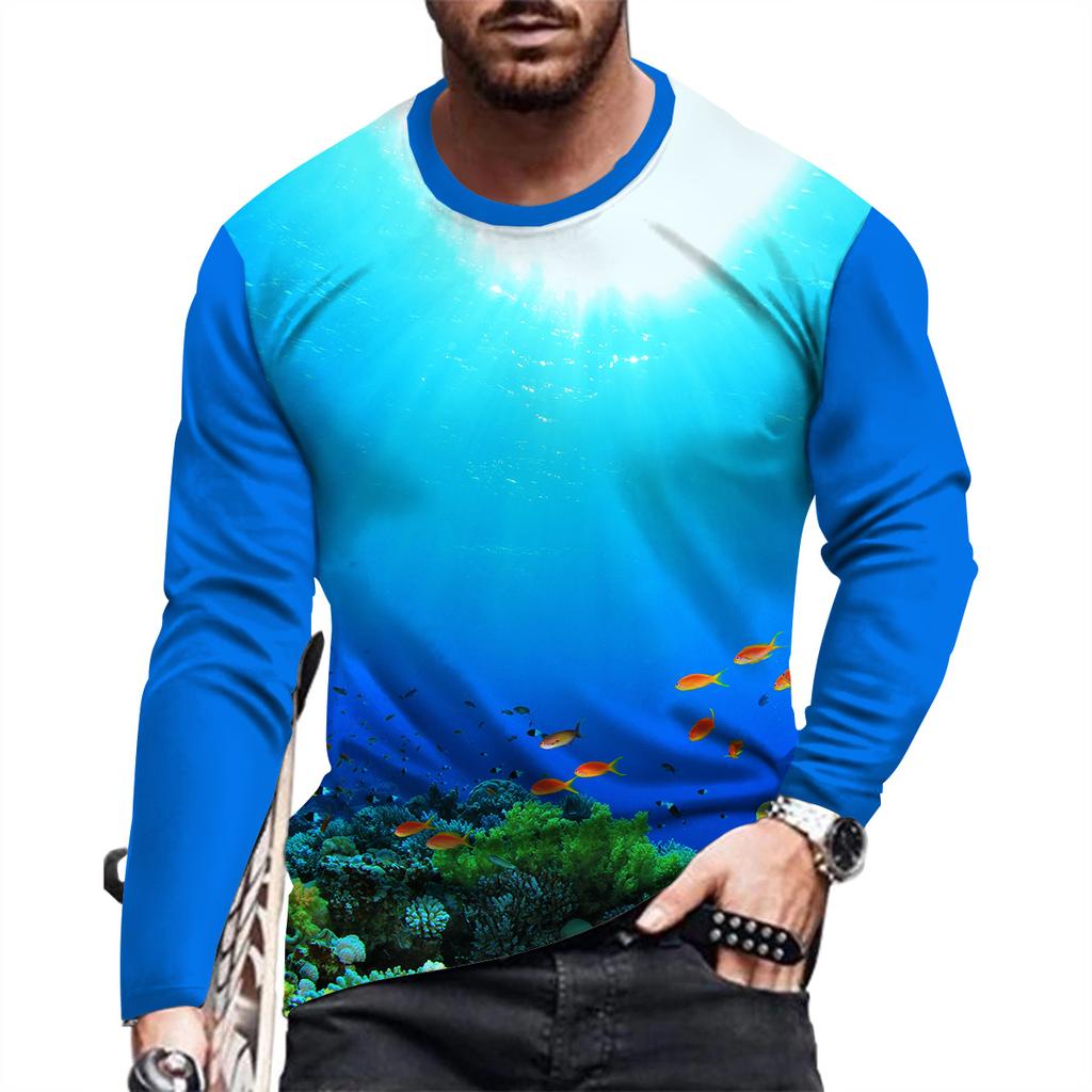 New Ocean Scenery Print Summer Men's Round Neck T-shirt Casual Long Sleeve Oversized T Shirt Fashion Pullover Trend Men Clothing
