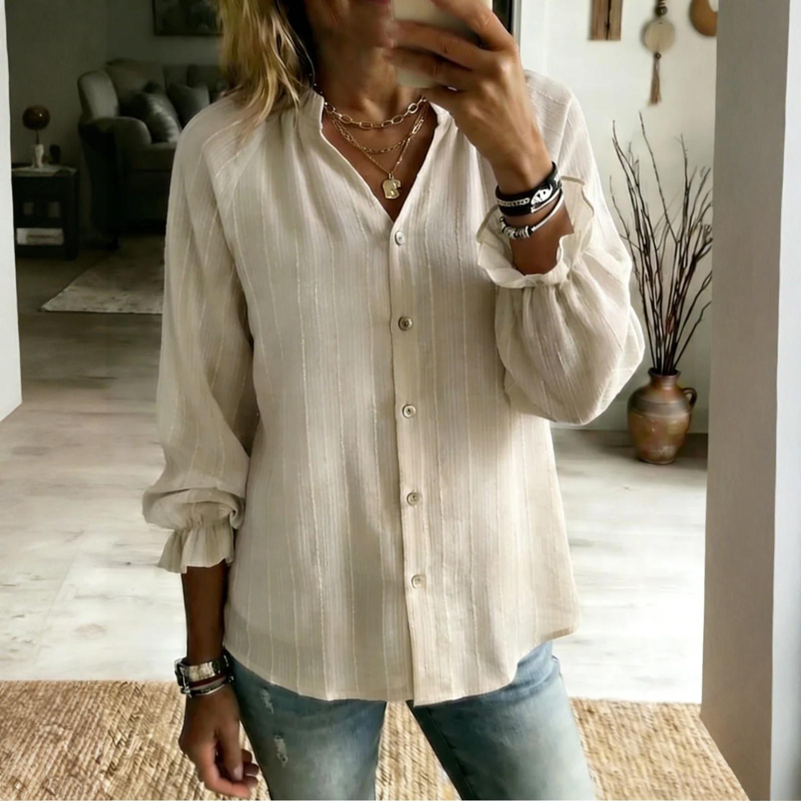 Women s Fashion Loose Long-Sleeved Linen Shirt Top L бежевый