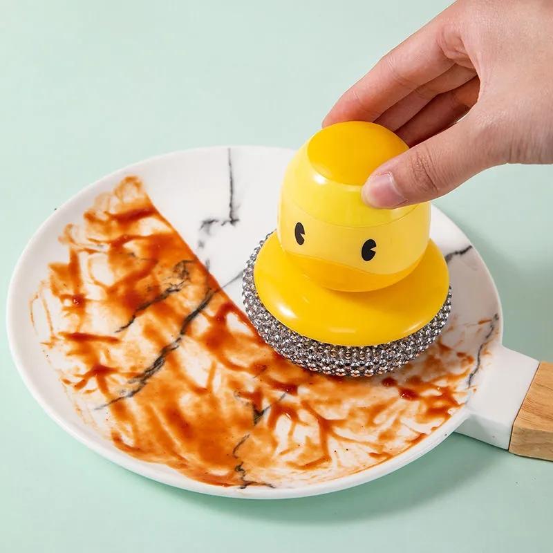 Little Yellow Duck Steel Ball Brush Hangable Squeeze Pot Wash Brushes Press Pan Bowl Brush Kitchen Cleaning Dish Bowl Cleaner Household Cleaning Tools