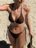 Solid Beaded Tie Side Sexy Two Piece Bikini Swimsuit Comfortable Elegant For Vacation