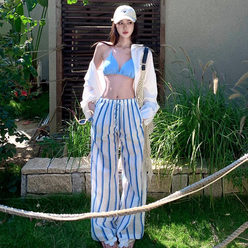 Casual vacation style blue bikini three-piece women's summer seaside vacation sunscreen blouse striped wide-leg trousers