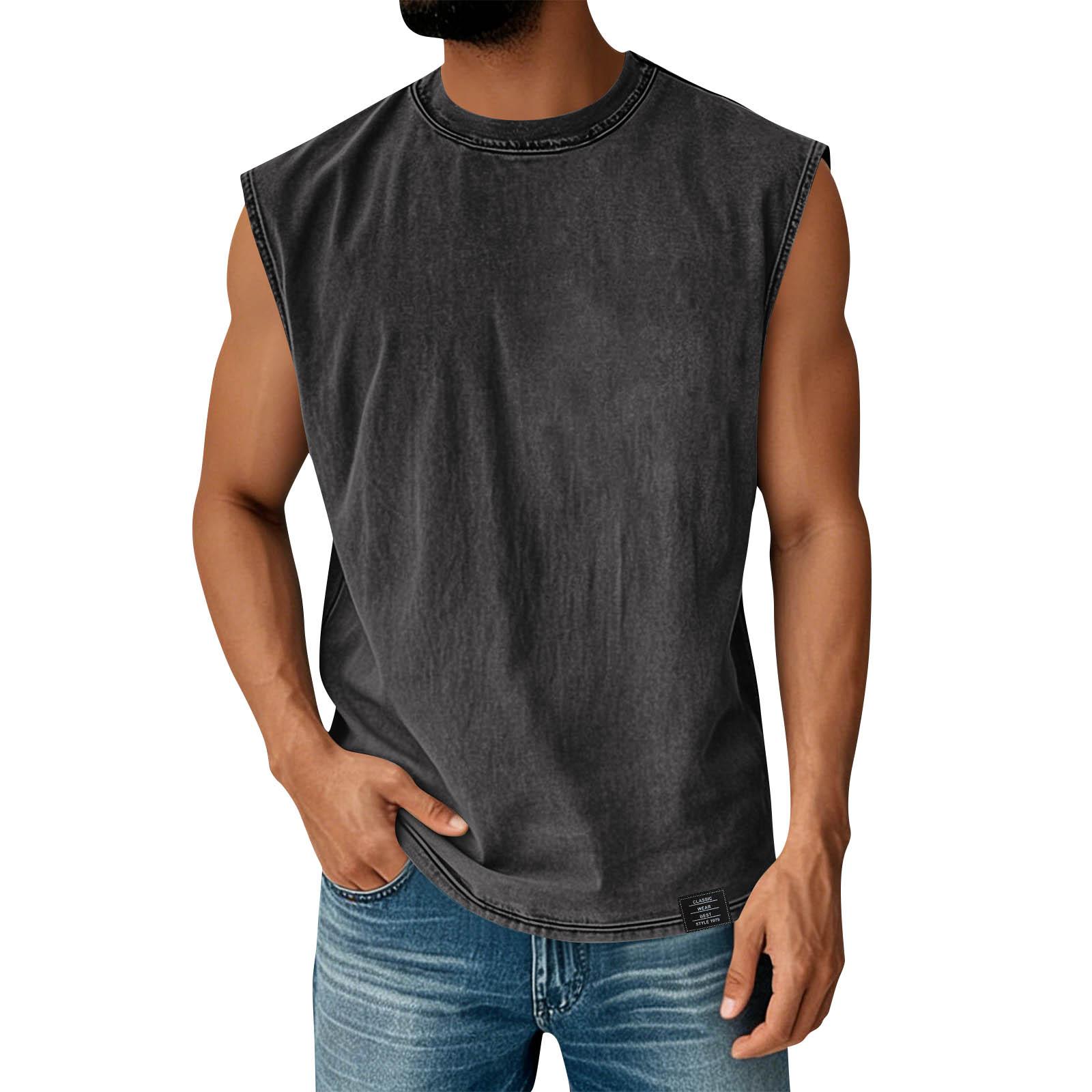 Men s Retro Distressed Round Neck Distressed Top Casual Comfort Vest L