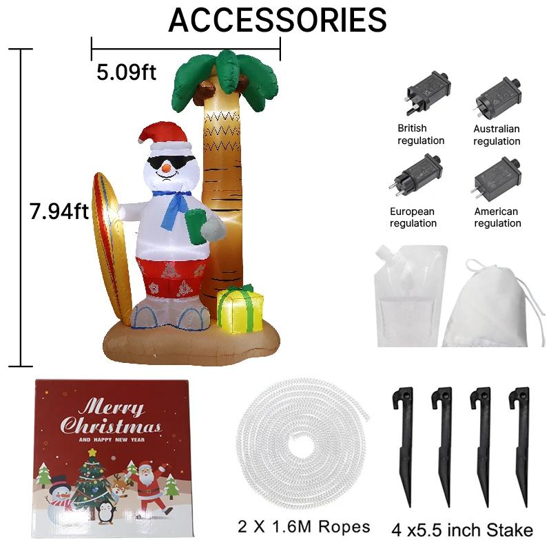 7.8FT Xmas Holiday Inflatable Yard Decor Surfing Snowman Palm Tree LED Hristma Home Decor Ornament Festive Toy Gift Decoration