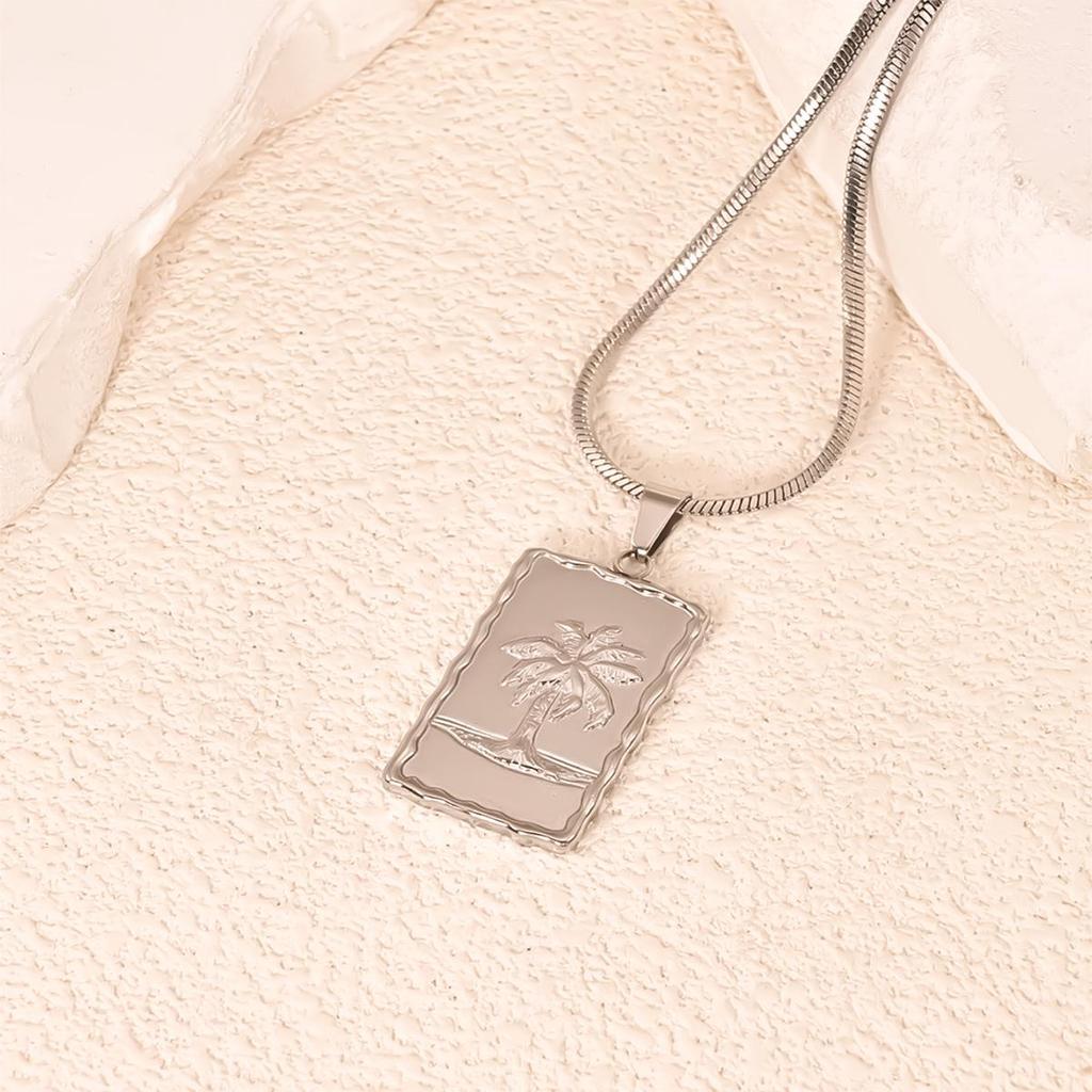 Coconut Tree Pendant Stainless Steel Snake Chain Necklace - Cool Versatile Style