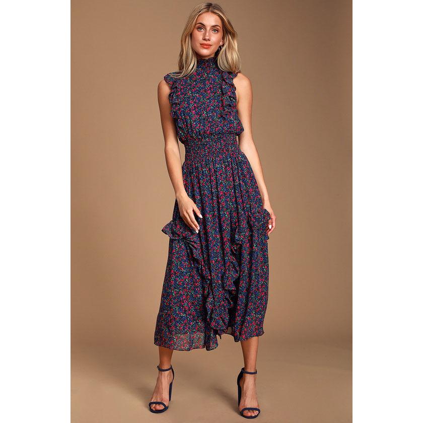 2023 Retro Floral Print Sleeveless Ruffle Dress for Women