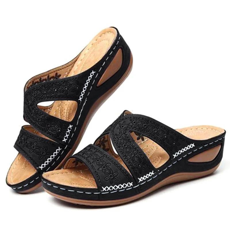 Sommer Neue Damen Casual Keilsandalen Lässige Zehensandalen Vintage Rutschfestes Leder Lässige Damen Plateau Retro Schuhe