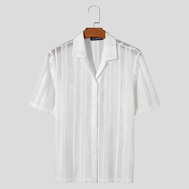 

INCERUN Sumjmer Мужская футболка с v-образным вырезом на пуговицах в сетку, кружевные вязаные крючком топы 2XL белый