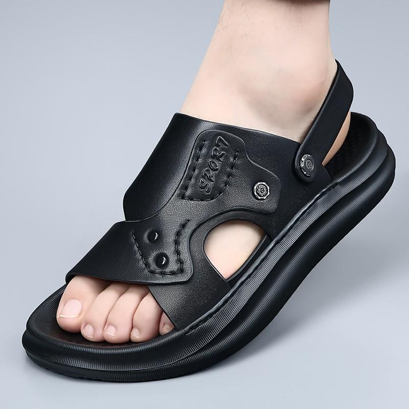 Mens Genuine Leather Slide Sandals Breathable Anti-Slip Outdoor Beach Shoes With Rear Strap