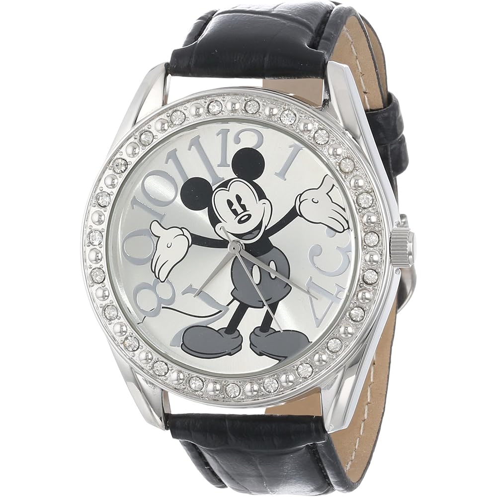Disney MK1015 Mickey Mouse Silver Dial Black Crocodile Strap Watch Unisex