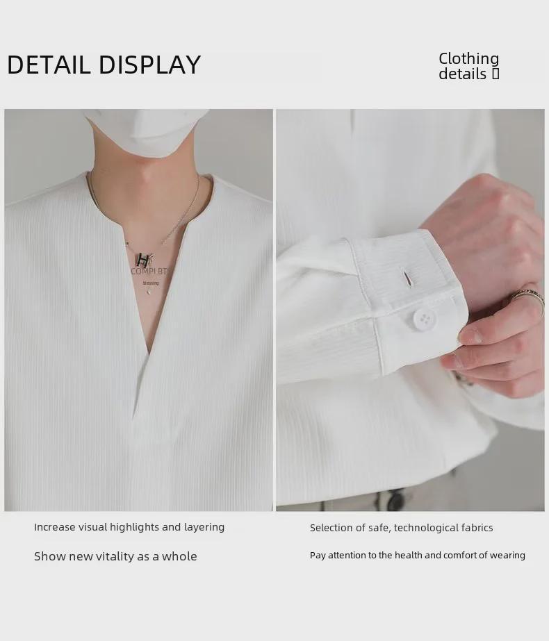 Korean-Style Men's Solid Color V-Neck Long-Sleeve Casual Pullover Shirt