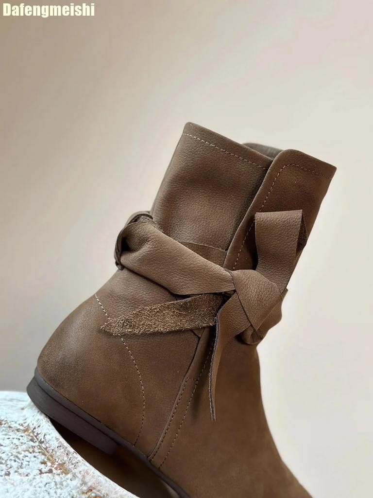 Fashion Cowhide Ankle Wrapped Straps Retro Boots Women 2025 Autumn Winter 5.5 Cm Height-Enhancing Knight Boots Black/brown Short Boots
