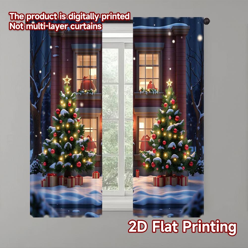 

Set Of 2 Flat Printing Christmas Curtains Snow Shop Polyester Without Electricity Holiday Decorations Use Curtain W100*H70(CM)-Grommet top&2PCS