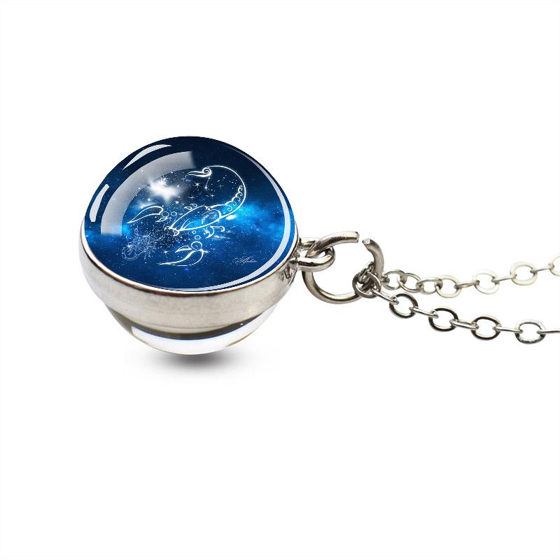 12 Constellations Double Side Glass Ball Silver Plated Necklace Jewelry Pendant Accessories Women Birthday Gift