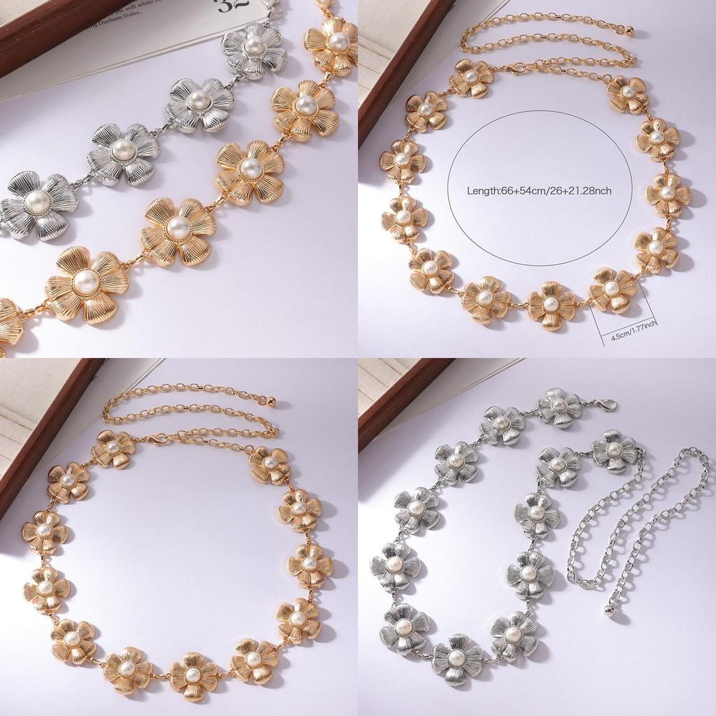 Floral Pearl Metal Waist Chain With Carved Flower Design For Women Spring Summer Fashion
