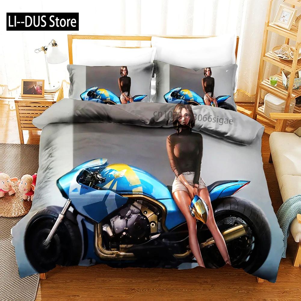 Sexy Girl Motocross Duvet Cover Extreme Sports Theme Bedding Set for Boys Teens Man Microfiber 3D Beauty Queen King Quilt Cover