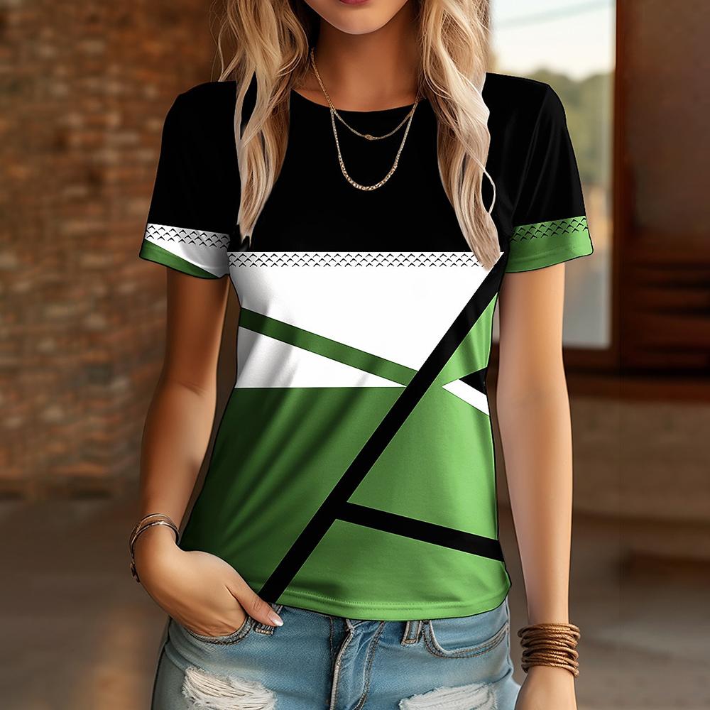 Summer Round Neck Geometric Pattern 3D Striped Printed Top Fashionable Casual Short Sleeved Women's T-shirts