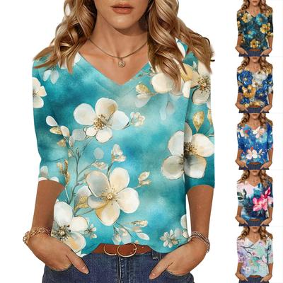 Women's Tops Three-quarter Sleeve Shirt V-neck Loose Casual Shirt Floral Print T-shirt