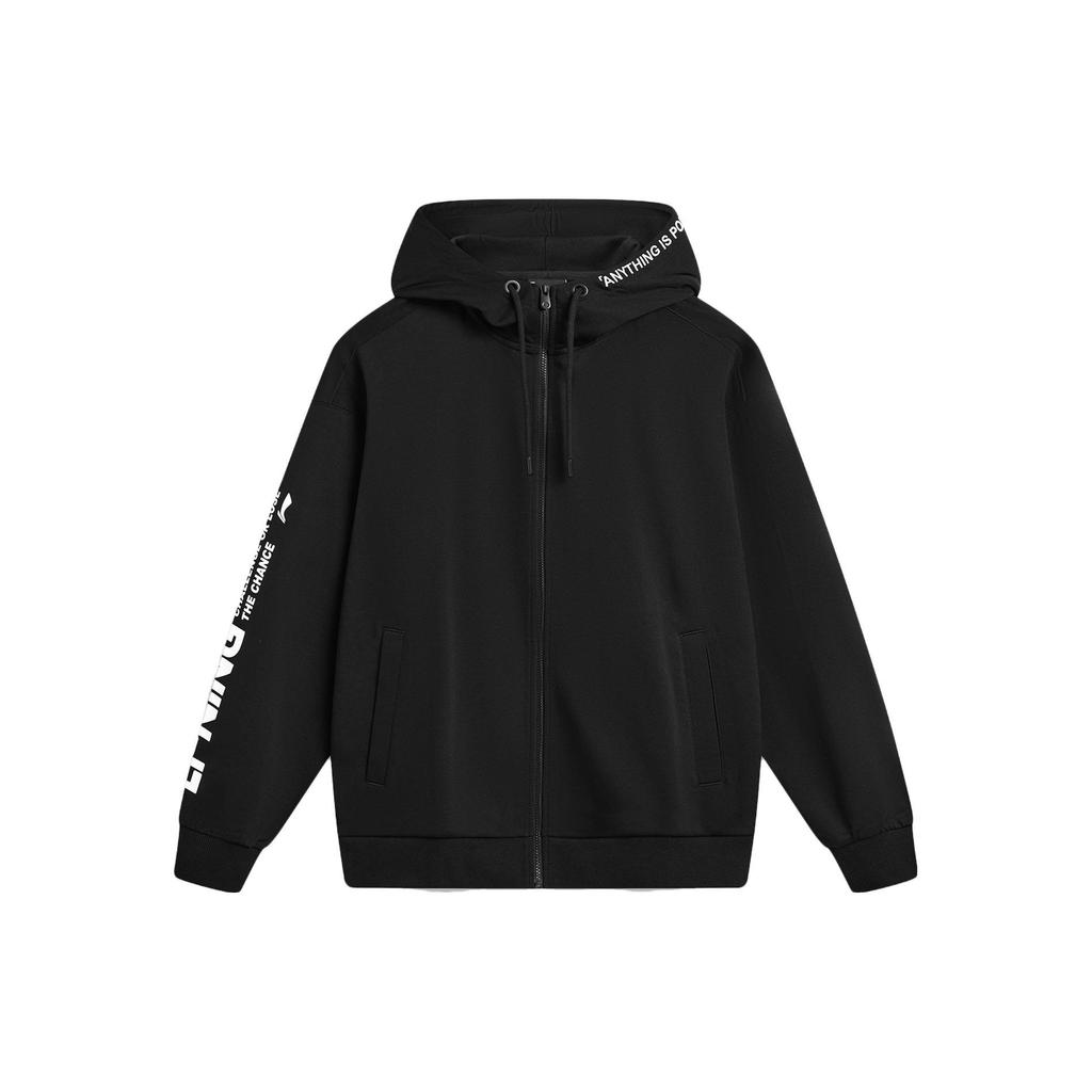 Li Ning Sports Fashion Series Cotton Polyester Letter Print Hooded Long Sleeve Fleece Sweatshirt Unisex Sweatshirt Black AWDU921-1