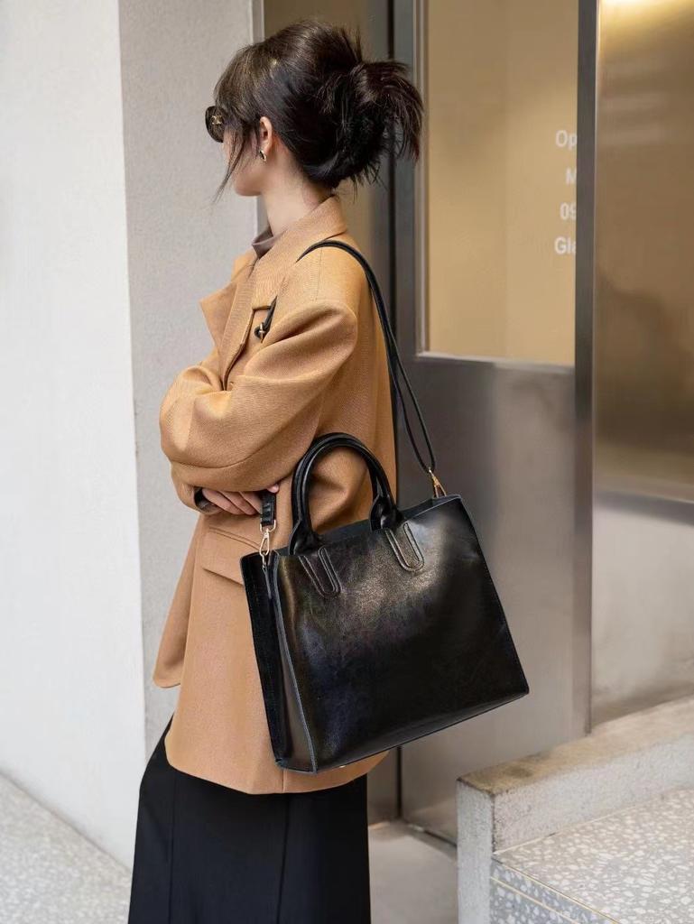 Cowhide Women'S Bag Oil Wax Leather Vegetable Tanned Leather Retro High-End Tote Bag Large Bag Briefcase 8199