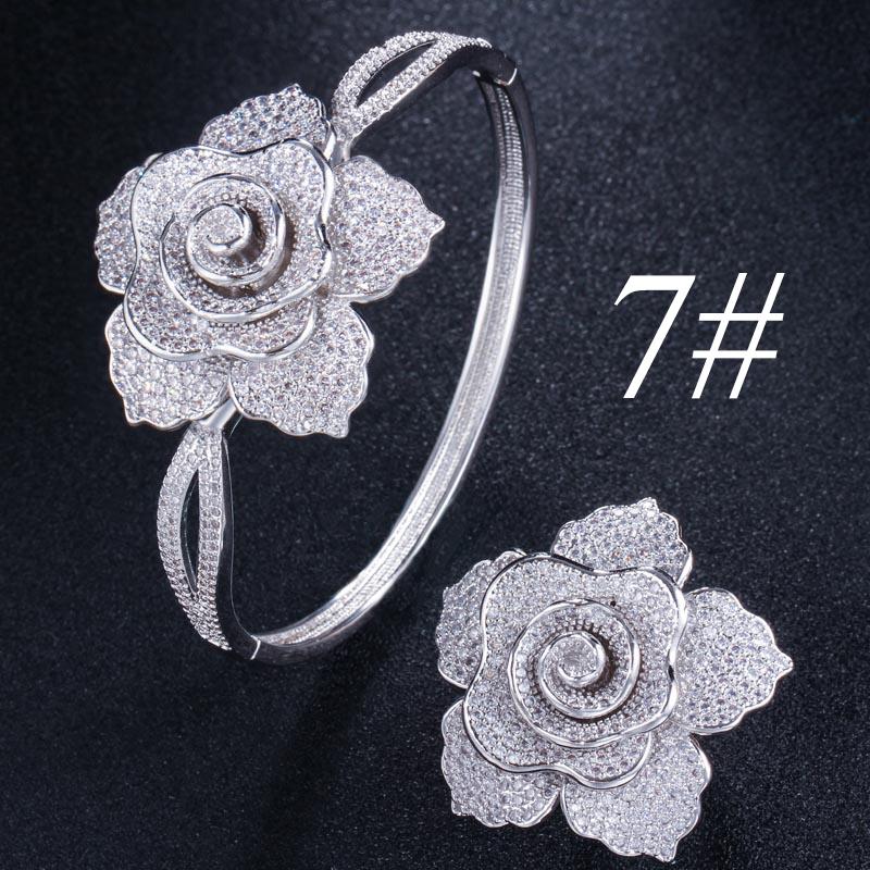 WWJ Super Luxury Zirconia Large Golden Color Geometric Flower Wedding Ring Bangle Sets