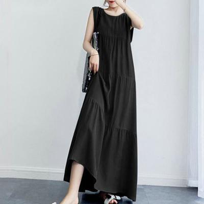 Women Summer Dress Sleeveless A-line Big Hem Solid Color Round Neck Patchwork Pleated Soft Breathable Ankle Length Beach Vacation Maxi Dress